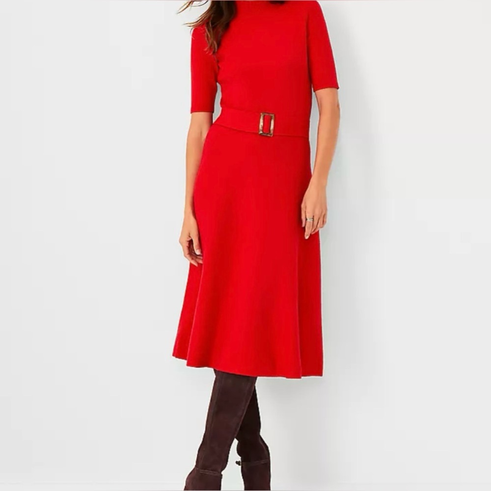 Ann Taylor Belted Mock Neck Sweater Dress